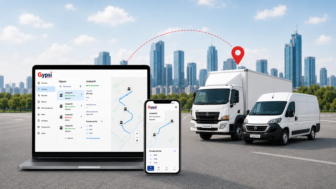 Plataforma Gypsi Drive de rastreo y gestión de flota en laptop y celular